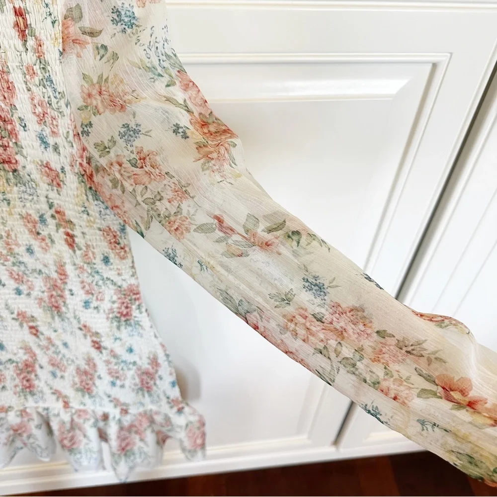 STORIA Womens Pastel Floral Smocked Chiffon Ruffle Teim Dress Long Sleeve Medium - Picture 9 of 11